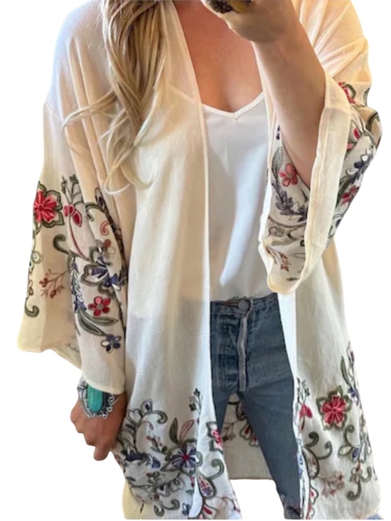 CC Beanie Tops - Cream Sheer Floral Embroidered Open-Front Women's Kimono Coverup Boho Beach